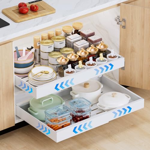 2 Pack erweiterbar ausziehbare schublade küche mit Kleber, ausziehbarer schrank organizer, Stick Slide Out teleskopschublade Cabinet Pull Out für Küche Pantry Organisation Einstellbare Breite 32-53cm