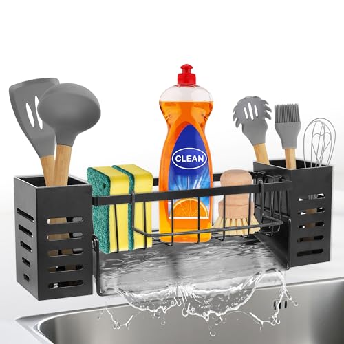 KüChen SpüLbecken Organizer Schwarz Aufbewahrung - Edelstahl Waschbecken Ablage KüChe Schmal SpüLe Ohne Bohren Spuelbecken Wand Schwammhalter mit 2 Korb HäNgend SpüLmittel und Halterung Lappen Holder