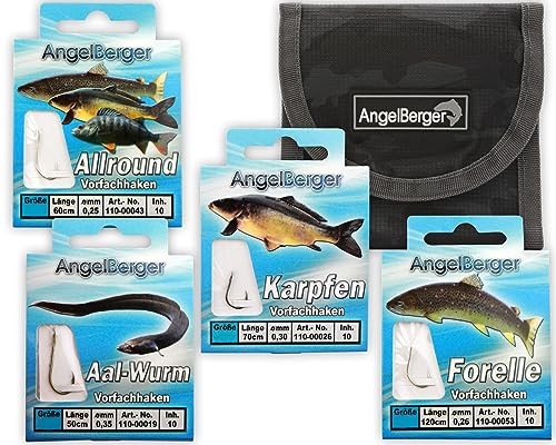 Angel-Berger Vorfach Hakensortiment mit Tasche Angelhaken gebundene Haken Aal, Forelle, Karpfen, Zander, Allround, Mais, Feeder