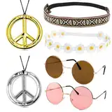 PVFZXS 6 Stück Hippie Accessoires, Hippie Kleidung Damen, 2x Hippie Brillen, 2x Peace Ketten, 2x Haarband - Hippie Kostüm Accessoires Für 60er, 70er Jahre Outfit Damen Und Herren, Ostergeschenke