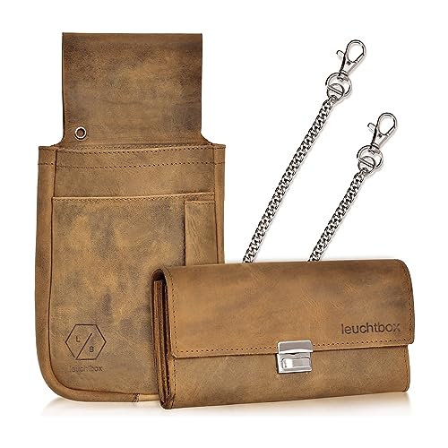 Leuchtbox Leder Profi-Kellner-Set Kellnerbörse Geldbörse Tasche Portemonnaie mit Gürtel-Halfter und Metall-Kette Hochwertiges Hunter Leder (Hellbraun)