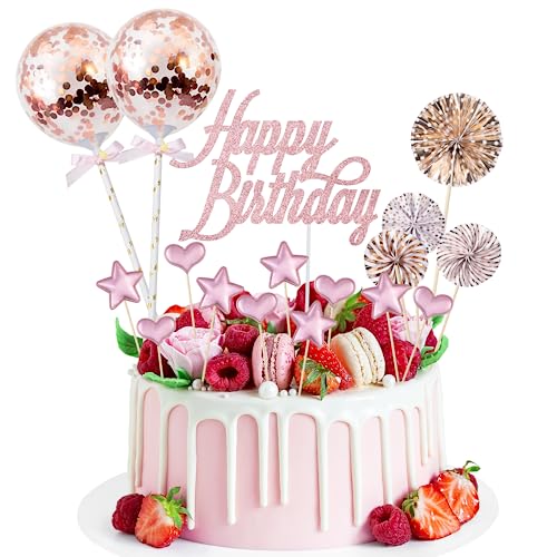 17 Stück Tortendeko Geburstagstorte, Happy Birthday Kuchendeko, tortendeko Gold, Glitter Cake Topper Happy Birthday, Cupcake Topper mit Sternen Liebe Konfetti-Luftballons und Papierfächer