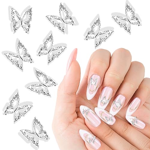 100 Stück Nagel Charms 3D Schmetterlings Nagel Charms Glitzersteine Nägel Silber Legierung Nageldesigns Anhänger Damen Mädchen Nageldesigns DIY Zubehör