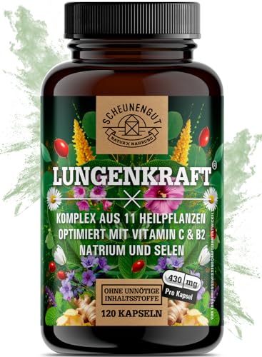 LUNGENKRAFT® Lungenkraut Kapseln Stark - WICHTIG: Laborgeprüfter Markenkomplex mit Lungenkraut, Ingwer,Hagebutte,Isländisches Moos,Selen,Salbei &mehr I 120 Stk -DE- SCHEUNENGUT®