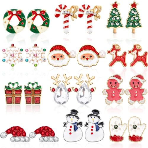 BOARDFEB 12 Paar Weihnachten Ohrstecker, Ohrringe Schmuck Set Weihnachten Tropfen Legierung Baumeln Ohrringe für Weihnachten Geschenk Party Damen Mädchen