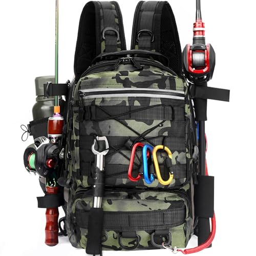 Luckits Angelrucksack, Angeltasche, Angelgerät Rucksack mit Rutenhalter, wasserdichte Angelgeräte Aufbewahrungstaschen, atmungsaktive Schultertasche, Wandern, Jagd, Camping, Outdoor Sport (Green)
