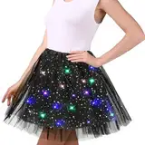 Schwarz Tüllrock Damen, 45cm Sterne Pailletten Tanzkleid, Dehnbaren Minirock Mit LED Lichter, Erwachsene Tütü Rock Ballettrock für Fasching Halloween Karneval Party, Ballett Tanzen Dress für Teenager