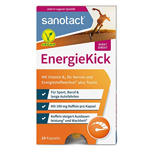 sanotact EnergieKick (20 Kapseln) • Energie Kapseln als Energie Booster • Koffeintabletten mit Taurin & Vitamin B2 • Wachmacher bei Müdigkeit & für mehr Energie • 100% Vegan