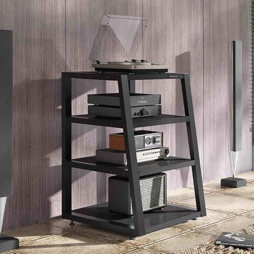 Moderner AV-Media-Ständer, 4 Etagen, audiovisuelles Regal, Stereo-Schrank für Plattenspieler und Konsole, kompakte Ecken, Unterhaltungszentrum, schwarz, ideal für Heimkino und Wohnzimmer