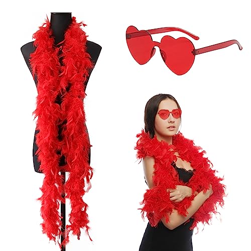 Federboa, 2M Bunte Feder Boa mit Herzbrille, Flauschige Federboa, Feder Boas Zubehör, Turkey Feather Boas Dekorieren, für Hochzeit Ankleiden Party, Karneval, Halloween, Weihnachten Kostüm (Rot)