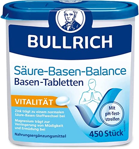 Bullrich Säure-Basen-Balance Basentabletten 450 Stück | Mit Zink für einen ausgeglichenen Säure-Basen-Haushalt | Vegan | Inkl. 24 pH-Teststreifen