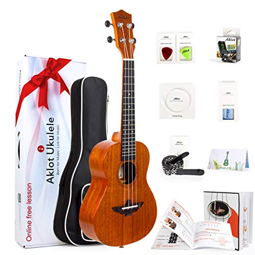 Ukulele Aklot Konzert Ukulele Erwachsene Solides Top Mahagoni Ukelele 23 Zoll mit Kostenlosen Online Kurs 8er Pack Anfänger Starter-Set (Gigbag Plektren Stimmgerät Gürtel Reinigun)