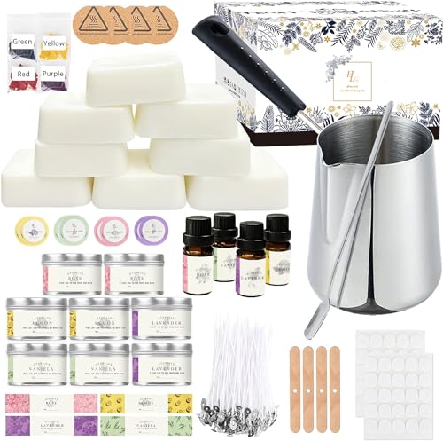 ETUOLIFE Kerzenherstellung Kit, DIY Kerzen Selber Machen Set,Duftkerze Geschenke Set mit 480g Sojawachs,8 Kerzendosen,4 Duftöl,4 Farbblöcken,50 Candle Wicks und Wick Aufklebern, 16 Stickers