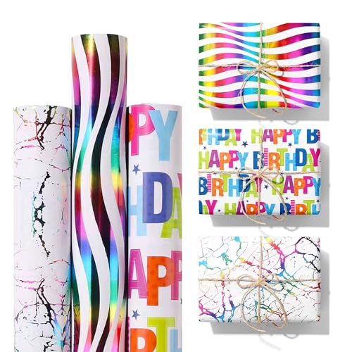 Geburtstag Geschenkpapier Bunte Set 3 Rollen Regenbogen Glitzernde Geschenkverpackung - 3 Verschiedene Welle, Marmor und Happy Birthday Muster Designs - 43cm x 3 m Pro Rolle