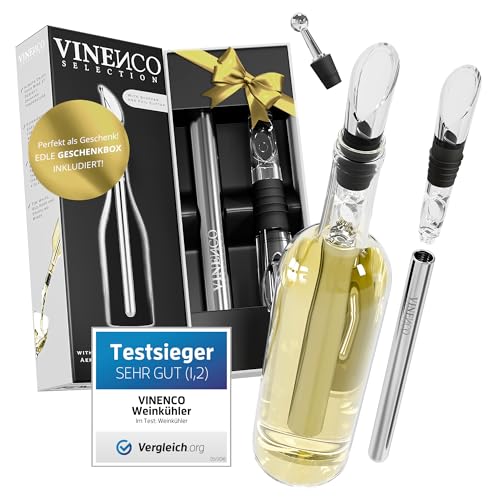 VINENCO Weinkühler Set, Flaschenkühler + Dekanter 3-in-1 Premium Wein Zubehör: Edelstahl Flaschen-Weinkühlstab + Dekantier-Belüfter + Ausgießer | Bar Geschenk Frauen Männer, Rot- Weißwein Geschenkset