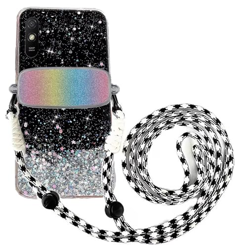 Tivenfezk Nadoli für Xiaomi Redmi 9A Glitzer Handykette Hülle,Silikon Bling Durchsichtig Crossbody Tasche zum Umhängen Schutzhülle mit Telefon Clip Halter Band