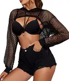 Avidlove Damen Sexy Top Langarm Oberteil Mesh Hoodie Festival Outfit Crop Shirt Neon Netzoberteil Fischnetz Kapuze Halloween Rave Schwarz XXL