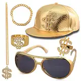 Hip Hop Kostüm Set, 80s 90s Hip Hop Rapper Accessories, Dollar Kette, 1 Stück Halskette, 2 Stück Ringe, 1 Stück Armbänder, 1 Paar von Sonnenbrille mit 1 Stück Hut für Fasching oder Parteien