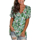 Klassische Damen-T-Shirts Mit V-Ausschnitt, Sommeroberteile, Blumen-Kurzarm-T-Shirts, LäSsige, Locker Sitzende Blusen-Oberteile (XL,GrüN 1)