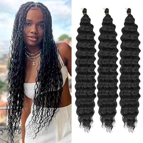 Ocean Wave Flechtfrisur für schwarze Frauen Deep Wave Crochet Hair Ocean Wave Crochet Synthetic Hair Extension für Boho Zöpfe… (1B#, 24inch-3packs)