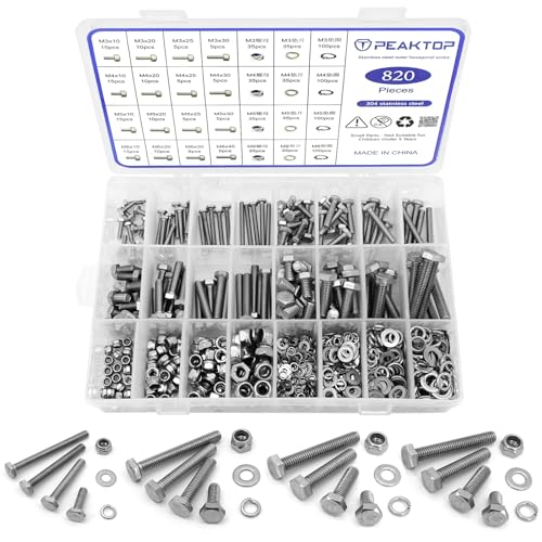 820 Stück M3/M4/M5/M6 Sechskantschrauben Muttern Unterlegscheiben, Sechskantschrauben Set Maschinenschrauben Edelstahlschrauben Sortiment Zur Kraftfahrzeuge Motorrad Haushaltsgeräte Reparatur