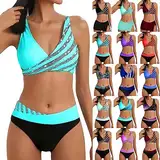 2024 Damen Bikini Set Zweiteiliger Badeanzug V Ausschnitt überkreuztes Bikini Bademode Bauchkontrolle High Waist Bikini Sets Swimsuit Push Up Strandbikini Triangel Breites Swimsuit