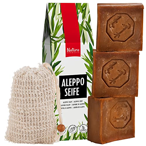 Natura Germania® 3x je ca. 200 gr (ca. 600 gr) original Aleppo Seife Set 60% Olivenöl / 40% Lorbeeröl + Sisal Seifensäckchen | Bekannt aus dem Öffentlich-rechtlichen - Naturseife