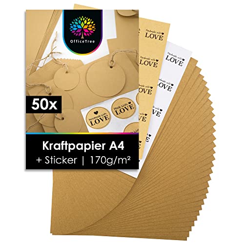 OfficeTree 50 x Kraftpapier A4 inklusive Sticker Set - Craftpapier A4 - Kartonpapier zum Basteln Hochzeit Einladungen, Menükarten - Braunes Papier A4 - Craft Papier zum Drucken und Schreiben