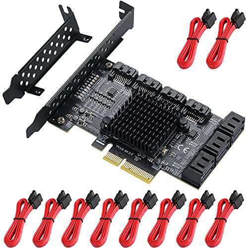 MZHOU PCI-E SATA Erweiterungskarte,10 Port PCI Express SATA Controller Karte, 6 Gbit/s SATA 3.0 PCIe Card with 10 SATA Cables,ASM1166+575-Port-Chip