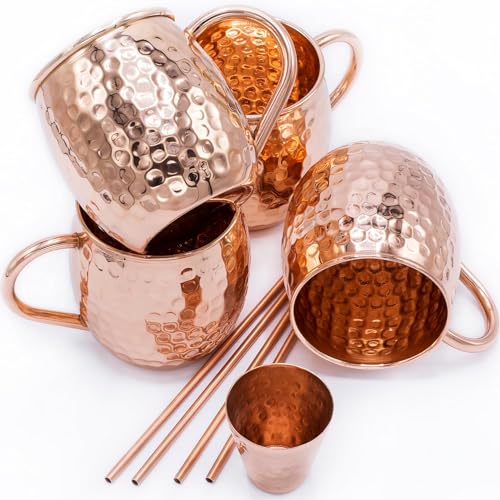 Gadgy Moscow Mule Becher Set - Cocktailbecher Set 4 Kupferbecher, 4 Strohhalme, 1 Barmaß - Kupferbecher reines Kupfer - Kupferbecher Moscow Mule handgemacht - Kupfer Becher Party Geschenk