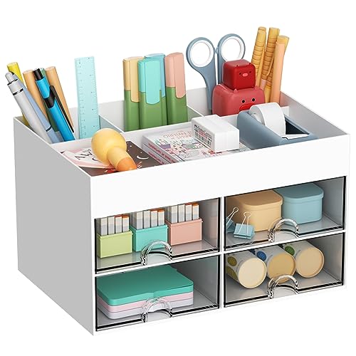 Marbrasse Schreibtisch Organizer mit Schubladen,Multifunktional Stiftehalter Schreibtisch mit 4 Fächer und 4 Schubladen,Büro Organizer Schreibtisch und Zubehör (Weiß)