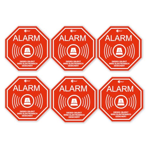 6er Alarm-Aufkleber-Set I hin166 5x5 cm I Achtung Gebäude, Objekt ist elektronisch alarm-gesichert I für Fenster-Scheibe, Tür I innenklebend wetterfest