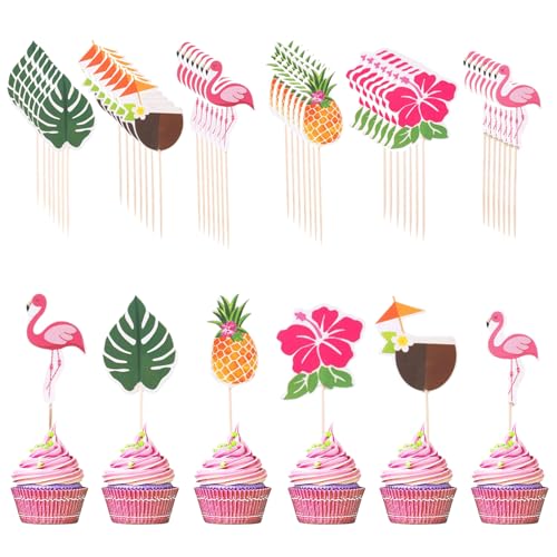 48 Stück Hawaii Tortendeko, Tropical Cake Topper, Hawaii Kuchendekoration Set mit Flamingo Cupcake Topper Kuchen Deko Ananas Palme Kuchendeko Blumen Torten Deko, for Luau Summer Strand Bar Party