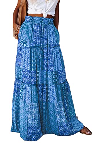 Byoauo Maxi Skirts for Women Hohe Taille mit Taschen Gürtel Falten Plissee Freizeit Boho Blumen Midirock Strandrock