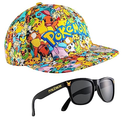 Pokemon Kinder Snapback Kappe, Bucket Hat, Mützen Fischerhut Jungen Mädchen Fischermütze Anglerhut Sonnenhut Pikachu (Mehrfarbig Baseball Cap/Sonnenbrille Set)