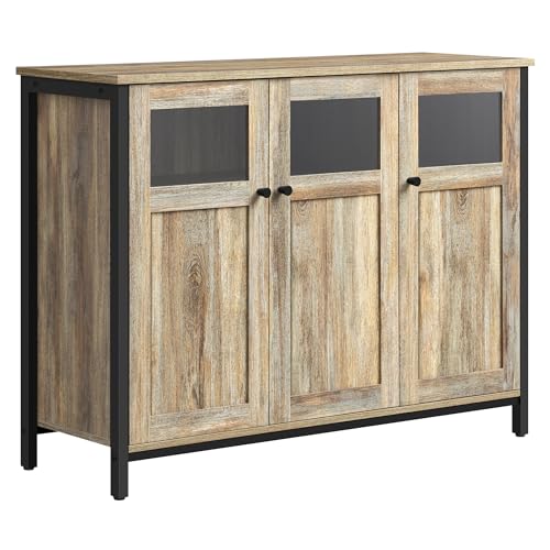 VASAGLE Sideboard, Küchenschrank, Aufbewahrungsschrank, mit Glastüren, für Wohnzimmer, Küche, Esszimmer, Stahlrahmen, Industriestil, türkisbraun-tintenschwarz LSC099B60