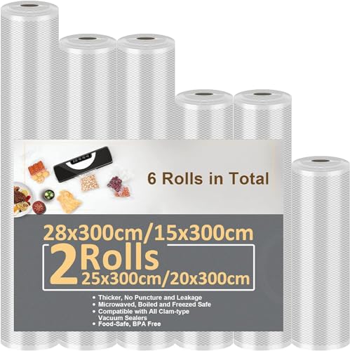 Vakuumierbeutel 6 Rollen Vakuumierfolie 15/20/20/25/25/28x300cm(18m), Profi-Folienrollen Vakuumierer Lebensmittel BPA-frei, stark & reißfest, für alle Vakuumierer & Sous Vide Gefrierbeutel