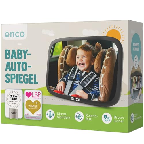Onco 360° Baby Autospiegel - 100% bruchsicher & rutschfest, 2024 & 2023 preisgekrönt, klare & weite Sicht, Spiegel Auto Baby Rückbank (17,5 x 24,5 cm)