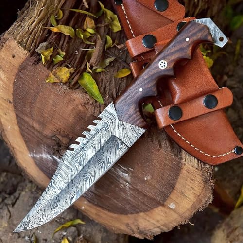 ETC-10 Damascus' Hunting Knife, Skinning Camping Outdoor Survival Hunting' Bowie Knife, Horizontal Carry Sheath, Fixed Blade Knife Razor Sharpe Blade, Boning Knife Buck Knife - Skinner Blade Knife