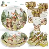 Waldtiere Geburtstag Deko Pappteller Set, 125pcs wiederverwendbare Pappteller Kindergeburtstag Pappbecher Servietten für Geburtstagsdeko Junge Mädchen, 25 Gäste