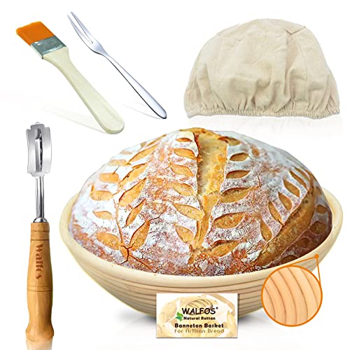 Gärkörbchen - Walfos® Rundes gärkorb zum brotbacken-Set, 100% natürlichem Rattan, inklusive Bäckermesser, Pinsel,Brot Gabel und Leinenbezug, ideal für Heim- und professionelle Backen-23cm