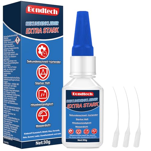 Sekundenkleber Extra Stark 30 g, Superkleber mit Anti-Austrocknungs-Spitze, Super Glue Für Plastik, Glas, Keramik, Metall, Holz, Diy, Präzise Reparaturen, Wasserdicht, Hitzebeständig