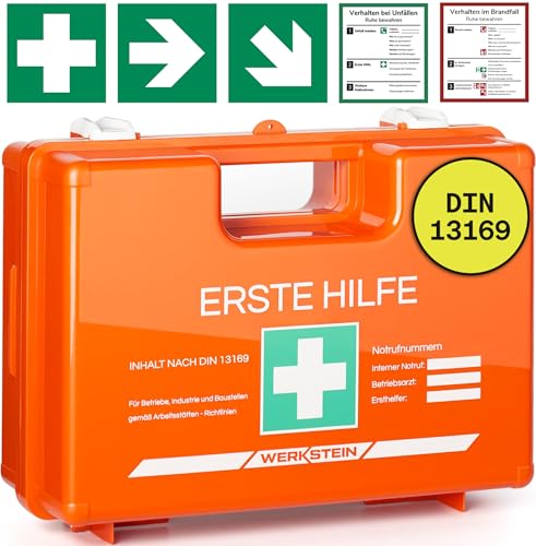 Erste Hilfe Kasten DIN 13169:2021 - Verbandskasten inkl. praktischer Wandhalterung, 5x Aufkleber, Gesichtsmasken, Feuchttücher & Plombe - Erste Hilfe Koffer für Betriebe, Einrichtungen & Zuhause