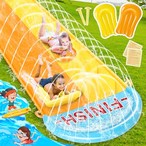 BuzzoXerex 31,16ft/950cm Wasserrutsche Garten, 1.55m Doppelte Aufblasbare Wasserrutsche mit 2 Aufblasbaren Boards für Sommerpartys, Garten, Rasen und Außen Wasserspiele