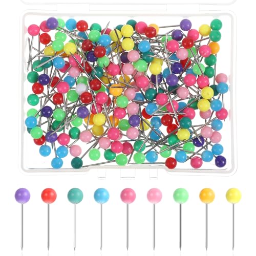Pinnwand Nadeln, 200 Stück Rundkopf-Stecknadeln, Stecknadeln Mit Kopf, Bunt Map Pins, Reißzwecken, Stecknadeln Mit Kopf Groß Für Weltkarte,Stoffmarkierung, Cork Board MitAufbewahrungsbox