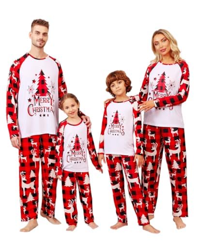 Weihnachten Schlafanzug Familien Weihnachts Pyjama Set Langarm Zweiteiler Outfit Herren Damen Jungen Christmas Weihnachtsbaum Muster Hausanzug (Rot,Damen,S)