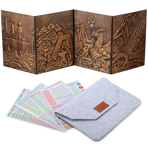 DNDND DM Screen 3D Kunstleder geprägter Drache mit vierteiligen Taschen, DND Master Screen mit wunderschöner Geschenk-Flet Hülle für D&D Dungeons and Dragon Tischspiel (Kupfer)