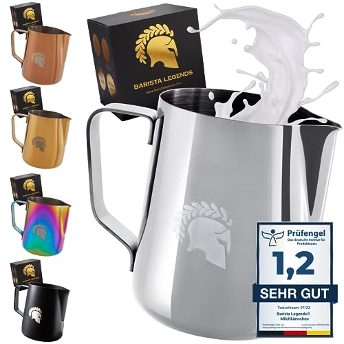 Barista Legends® Milchkännchen Edelstahl 350ml mit speziellem Latte Art Ausguss - Milchschaumkännchen Hochglanz Poliert - Barista Milchkanne Edelstahl - Barista Zubehör