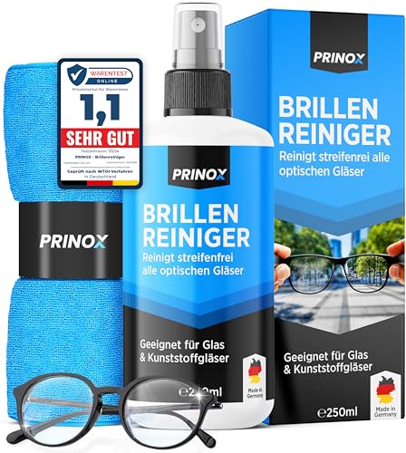 PRINOX® Brillenreiniger Set 250ml mit Mikrofaser Brillenputztuch - Brillen Reiniger mit Mikrofaser Tuch für alle Brillen gegen Fettflecken und Fingerabdrücke auf der Brille