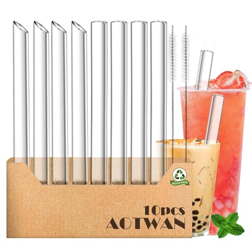 AOTWAN Bubble Tea Strohhalme,Glas Strohhalme Wiederverwendbar,10 Stück Enthalten 4 Schräges Port+4 Lange Boba Tea Glasstrohhalme+2 Reinigungsbürsten,Glasstrohalme für Smoothie,Perlmilchtee und Säfte
